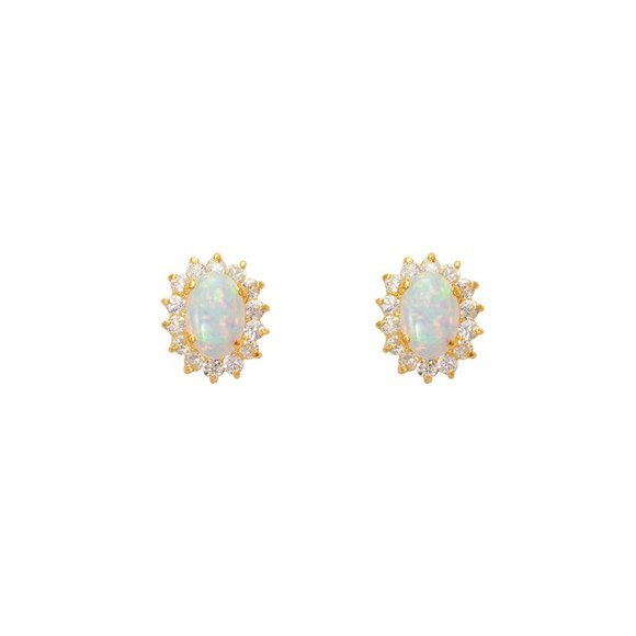 14k REAL GOLD Flower Opal CZ Stud Earrings - Picture 1 of 3